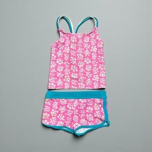 Boden Girls' 2-Piece Tankini Swimsuit | Pink Floral Teal | Size 2-3Y (98cm)